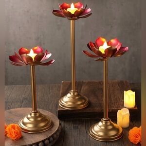 3 Pcs floral Lotus Candle Holder metal pink gold decoration table boho hippie